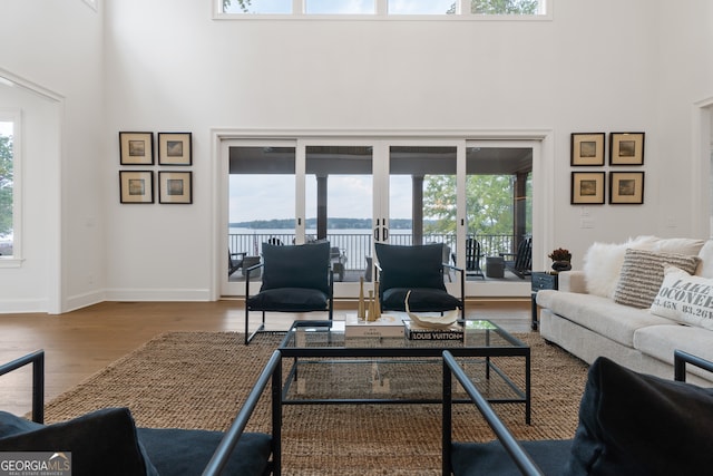 living room with a high ceiling, plenty of natural light, and hardwood / wood-style floors