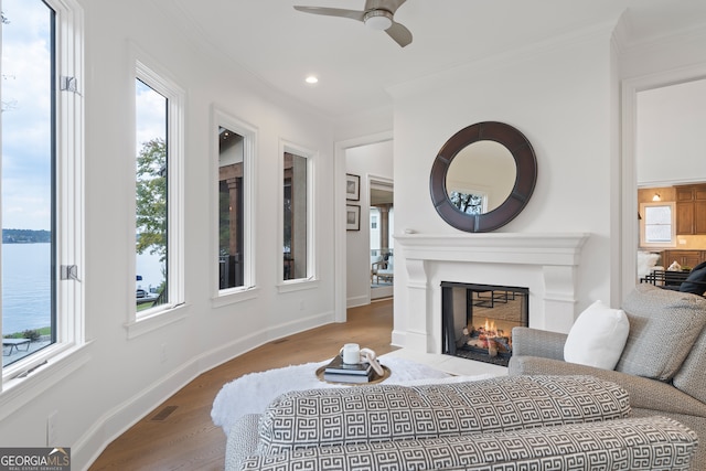 bedroom featuring ceiling fan, hardwood / wood-style flooring, multiple windows, and a water view