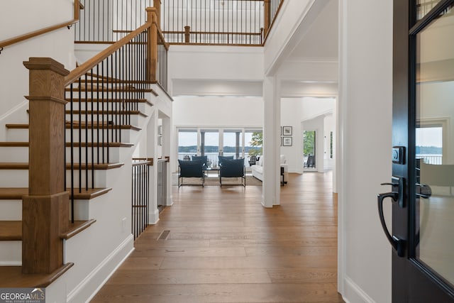 entrance foyer featuring wood-type flooring and a towering ceiling