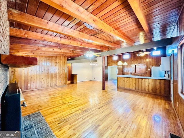 unfurnished living room featuring beam ceiling, wooden ceiling, light hardwood / wood-style floors, and ceiling fan