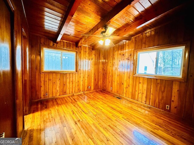 spare room featuring wood walls, wooden ceiling, and light hardwood / wood-style flooring