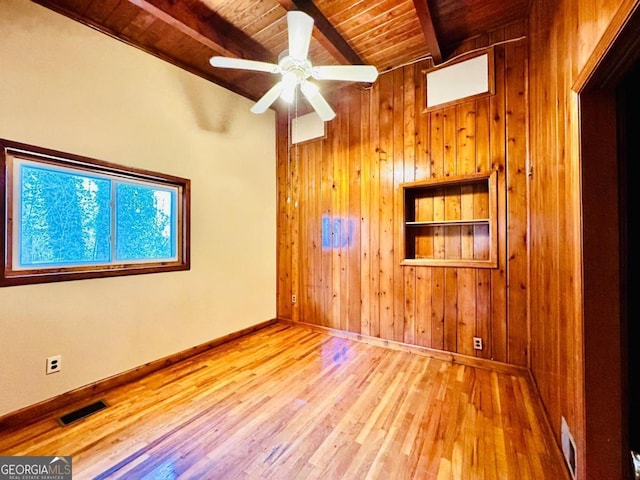 unfurnished room with wood ceiling, built in shelves, wood walls, ceiling fan, and wood-type flooring