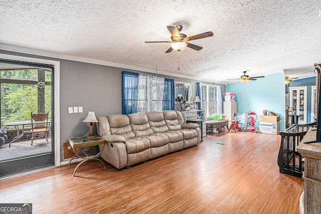 living room featuring crown molding, wood-type flooring, and a textured ceiling