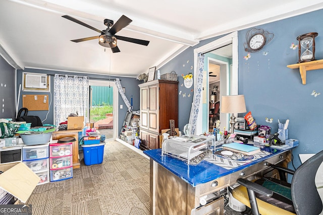 home office featuring ceiling fan and carpet