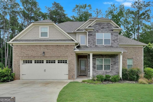 craftsman house with a garage and a front lawn