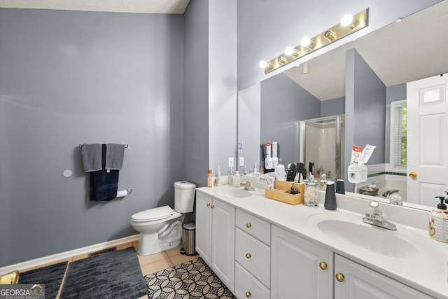 full bathroom featuring vanity, toilet, tile patterned floors, and plus walk in shower