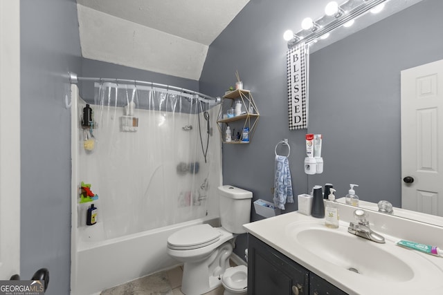 full bathroom with vaulted ceiling, tile patterned floors, toilet, vanity, and shower / bathtub combination with curtain