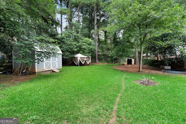 view of yard with a storage shed and an outdoor structure