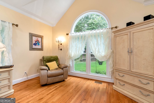 sitting room featuring high vaulted ceiling, plenty of natural light, and light wood-type flooring