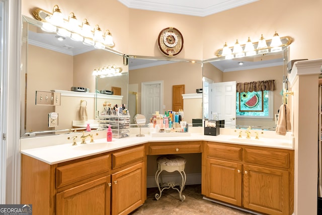 bathroom featuring crown molding and double vanity