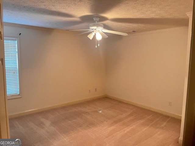 unfurnished room featuring ceiling fan, ornamental molding, carpet, and a textured ceiling