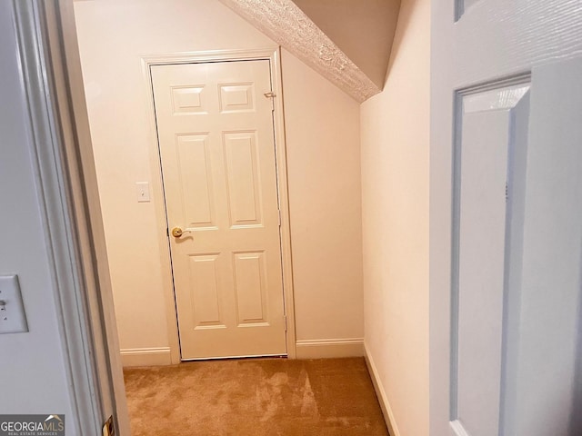 interior space with light colored carpet and lofted ceiling