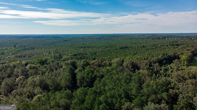 aerial view featuring a wooded view
