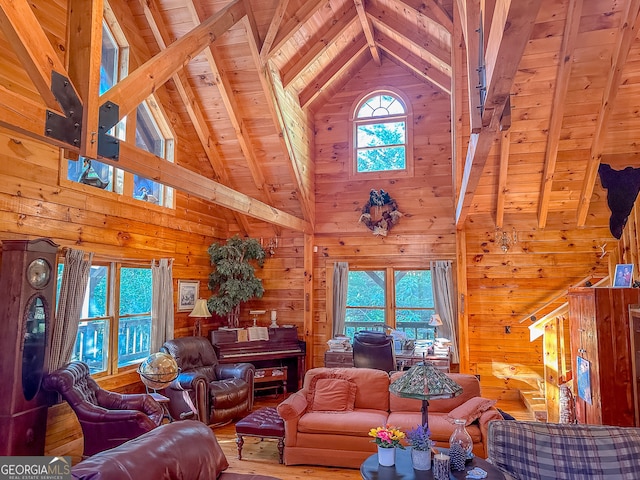 living room featuring wooden walls, beamed ceiling, wooden ceiling, wood-type flooring, and high vaulted ceiling