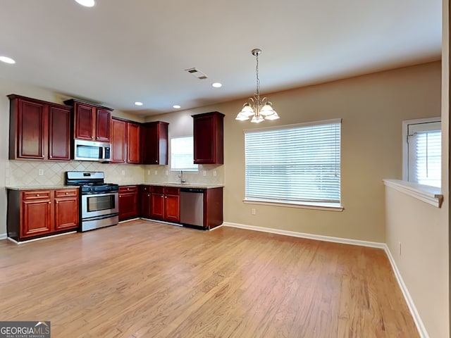 kitchen featuring stainless steel appliances, tasteful backsplash, hanging light fixtures, and light wood-type flooring