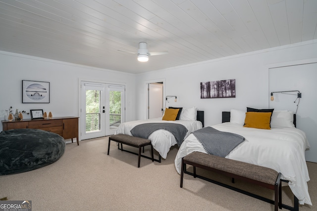 bedroom featuring ceiling fan, wooden ceiling, crown molding, french doors, and access to exterior