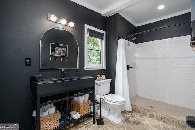 bathroom featuring beamed ceiling, toilet, tile patterned flooring, and walk in shower