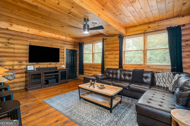 living room with ceiling fan, hardwood / wood-style flooring, wooden ceiling, and rustic walls