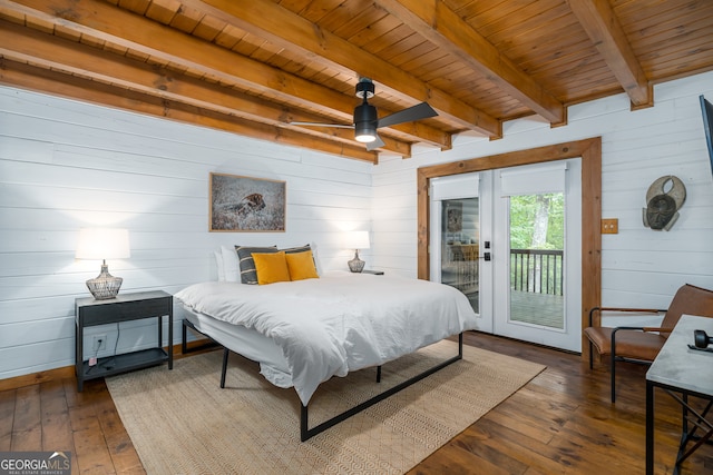 bedroom featuring access to outside, beam ceiling, wooden ceiling, and hardwood / wood-style flooring