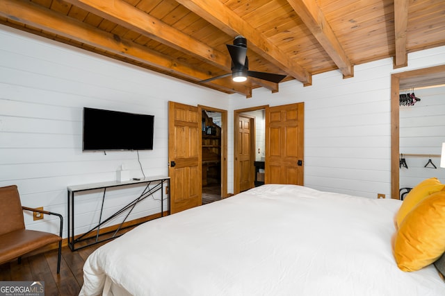 bedroom featuring ceiling fan, hardwood / wood-style flooring, beam ceiling, and wooden ceiling