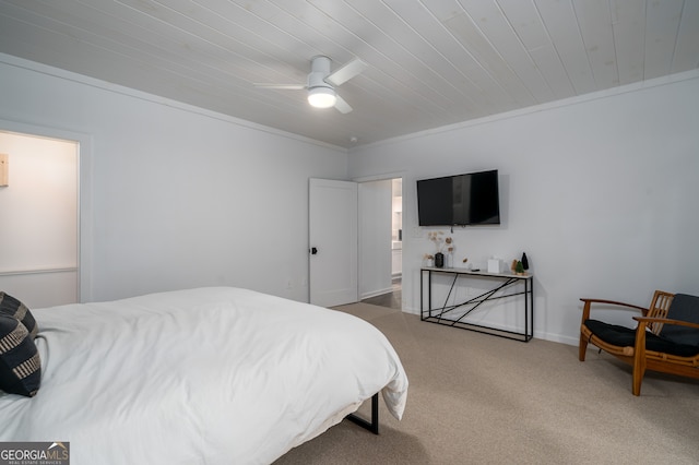 bedroom with light colored carpet, wooden ceiling, ceiling fan, and crown molding