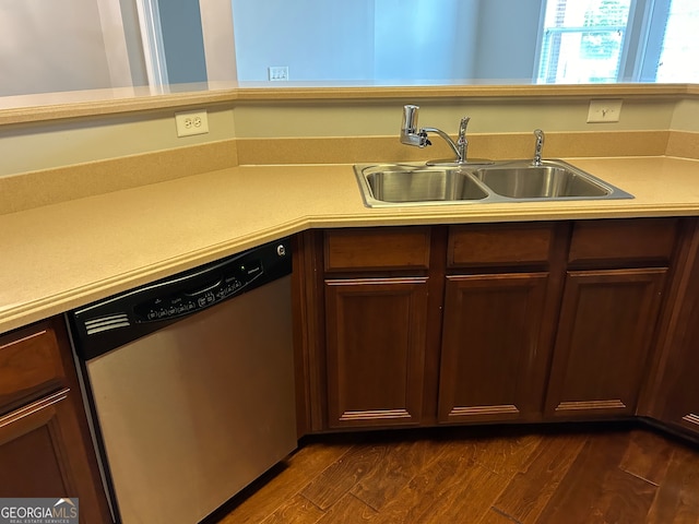 kitchen featuring sink, dishwasher, and dark wood-type flooring