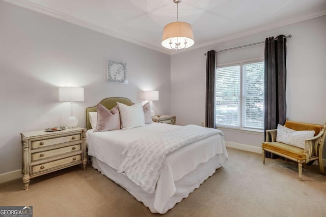 bedroom featuring light carpet, baseboards, a chandelier, and crown molding