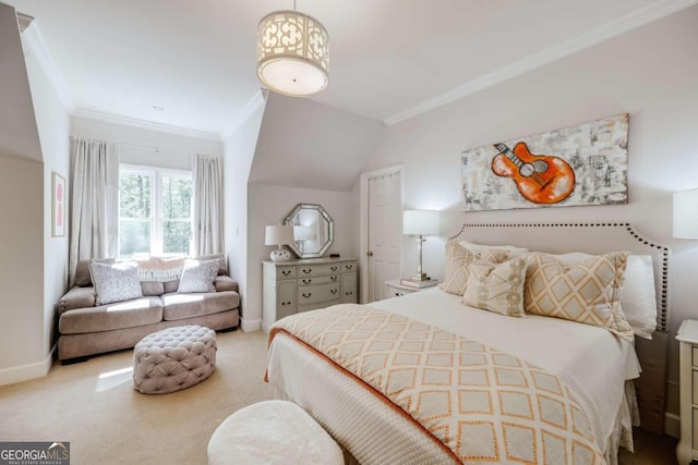 carpeted bedroom featuring lofted ceiling and crown molding