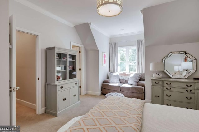 bedroom with baseboards, ornamental molding, and light colored carpet