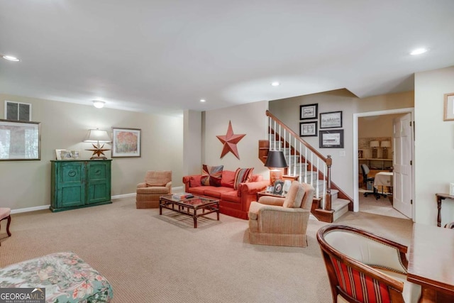 carpeted living room with baseboards, stairway, visible vents, and recessed lighting