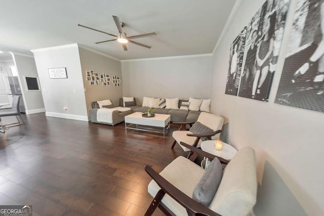 living room featuring ornamental molding, dark hardwood / wood-style floors, and ceiling fan