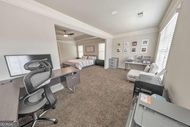 bedroom featuring ornamental molding and carpet flooring