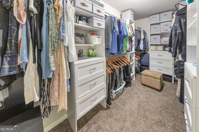 spacious closet featuring light colored carpet