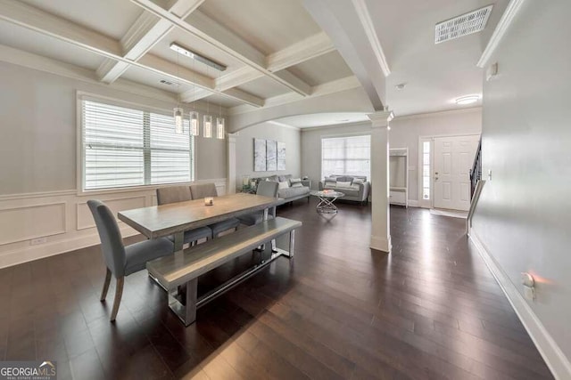 dining room featuring crown molding, beam ceiling, decorative columns, dark hardwood / wood-style floors, and coffered ceiling