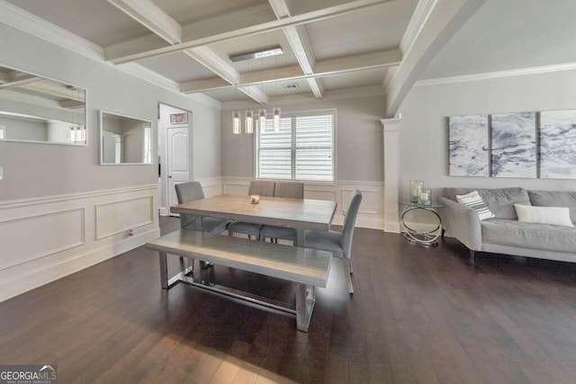 dining space featuring crown molding, dark hardwood / wood-style floors, coffered ceiling, and beam ceiling