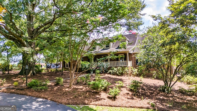 view of property hidden behind natural elements with a porch