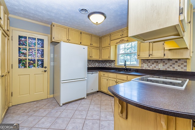 kitchen with crown molding, light tile patterned floors, white appliances, custom range hood, and decorative backsplash