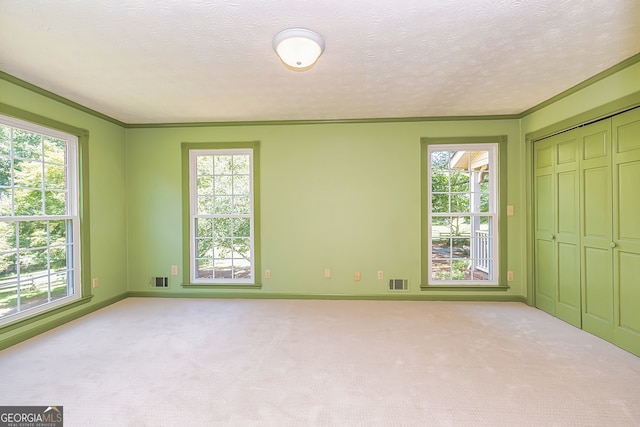 unfurnished bedroom featuring light carpet, a textured ceiling, crown molding, and multiple windows