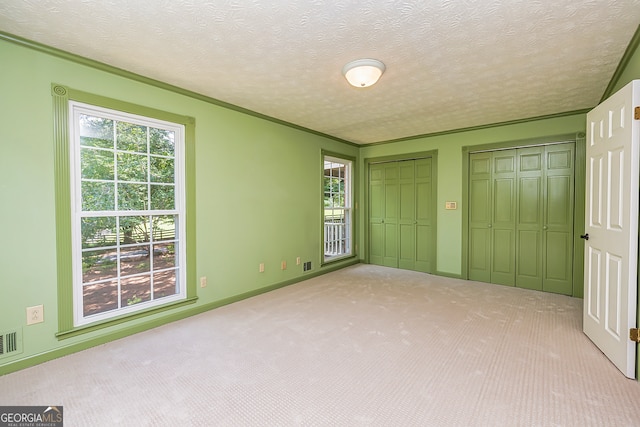 unfurnished bedroom with a textured ceiling, light colored carpet, and multiple windows