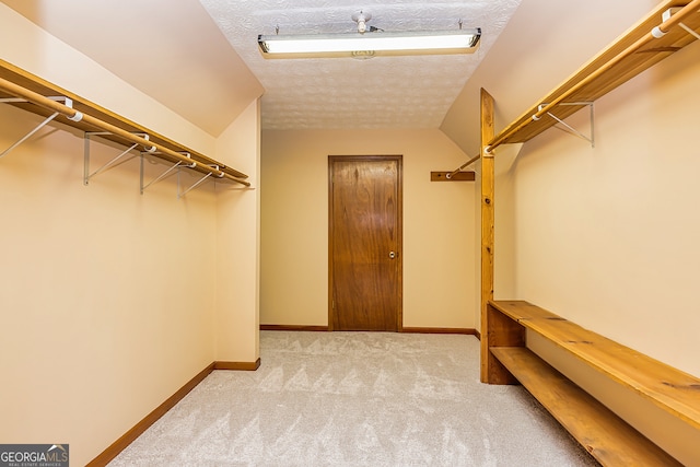 walk in closet with light carpet