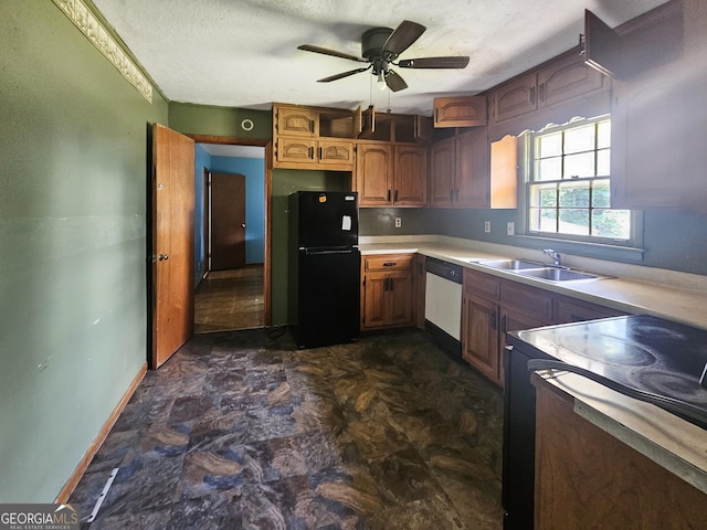8347 Hilltop Rd, Jonesboro, GA 30236 - kitchen featuring sink, black refrigerator, stainless steel dishwasher, electric stove, and ceiling fan