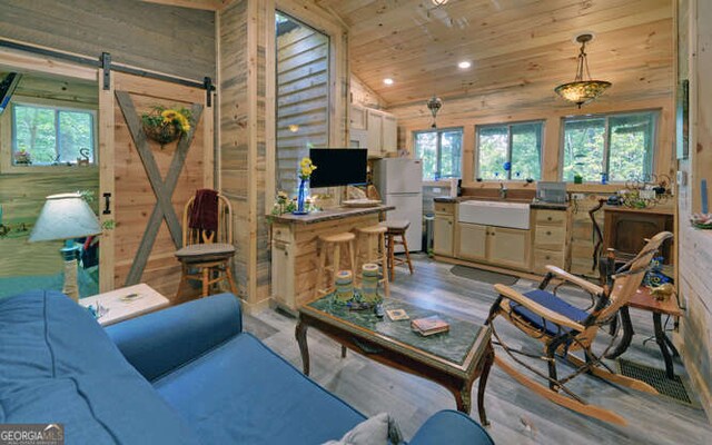 living room featuring wood walls, light hardwood / wood-style flooring, a wealth of natural light, and a barn door