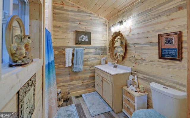 bathroom with wood walls, toilet, vanity, and lofted ceiling