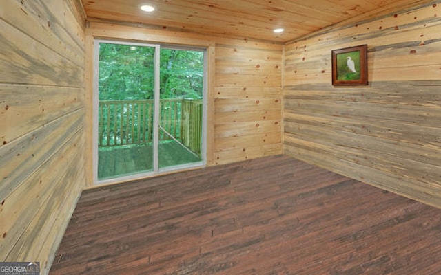 unfurnished room featuring wood ceiling, dark wood-type flooring, and wood walls