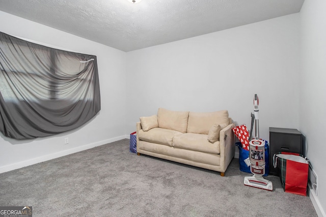 carpeted living room featuring a textured ceiling