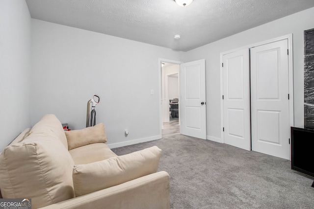 living room with a textured ceiling and carpet flooring