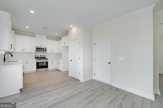 kitchen featuring backsplash, light hardwood / wood-style floors, sink, white cabinetry, and appliances with stainless steel finishes