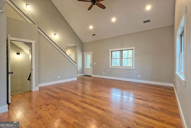 465 Wildflower Rdg, Warne, NC 28909 - unfurnished living room featuring high vaulted ceiling, visible vents, baseboards, ceiling fan, and wood finished floors