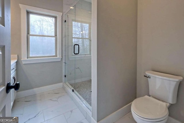 bathroom with an enclosed shower, vanity, and toilet