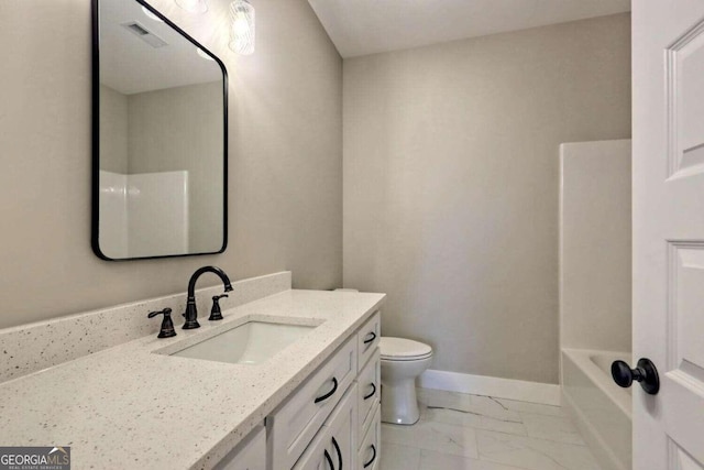 full bathroom featuring toilet, shower / bathing tub combination, and vanity